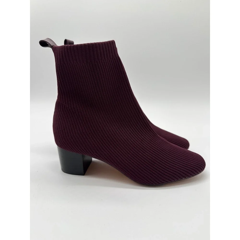 Joie Neely Sock Boots Womens 8M Burgundy Good Ribbed Knit Block Heel Ankle Boot